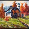 Peinture huile spatule ferme arbres champs paysages automne