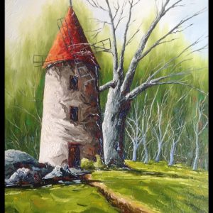 Peinture huile et technique mixte moulin à vent sous-bois roches arbres campagne