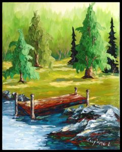 Peinture huile et spatule bord de l'eau arbres roches quai