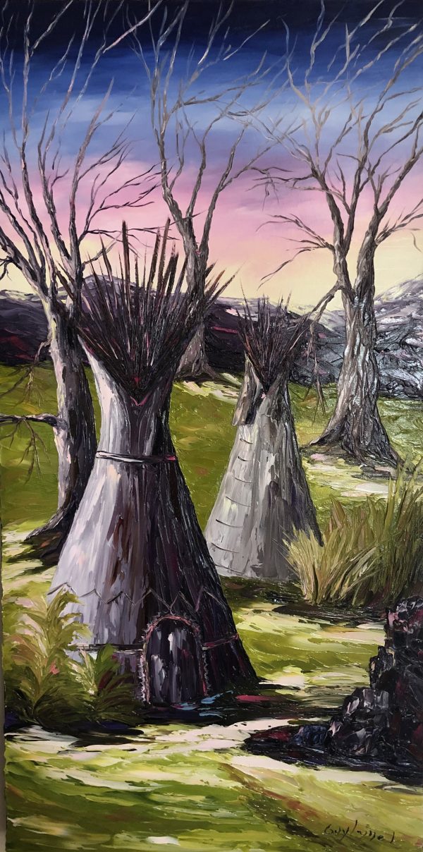 Peinture huile et spatule montagnes arbres Tipis champs roches lever du jour