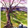 Peinture huile et spatule arbre roches montagnes verdure lever du jour
