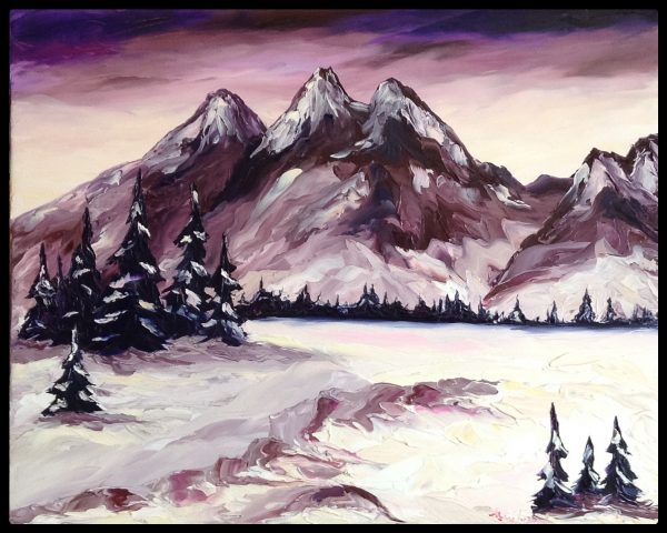 Peinture à l'huile montagne et arbres en hiver et à l'aube.