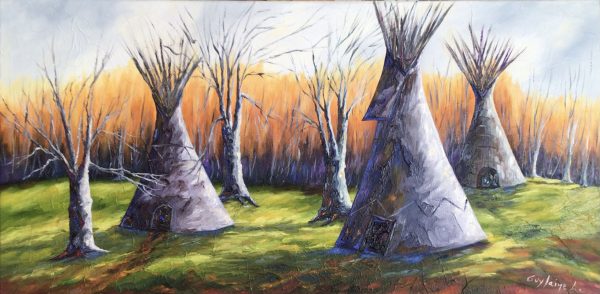 Peinture huile technique mixte tipi indien arbres paysage automne