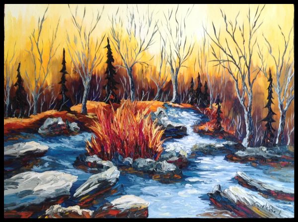 Peinture à l'huile rivière arbres roches paysages d'automne.