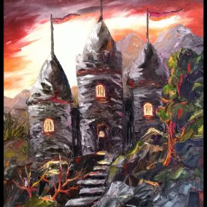 Peinture huile et spatule château roches arbres montagnes paysage féérique/fantastique