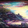 Peinture huile et spatule eau montagnes rochers au coucher du soleil