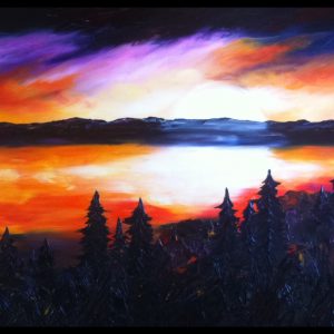 Peinture huile et spatule coucher du soleil eau arbre montagne paysage marin.