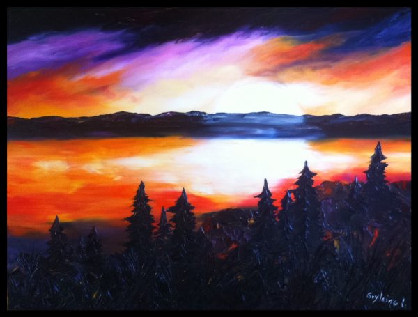 Peinture huile et spatule coucher du soleil eau arbre montagne paysage marin.