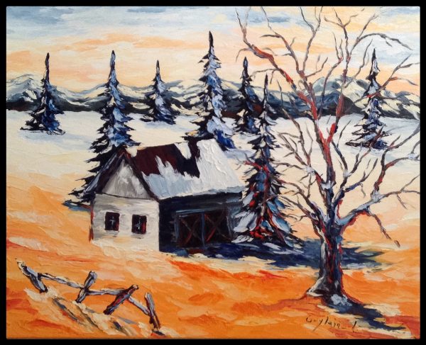 Peinture à l'huile vieille cabane dans un champs avec arbres hiver et au crépuscule.