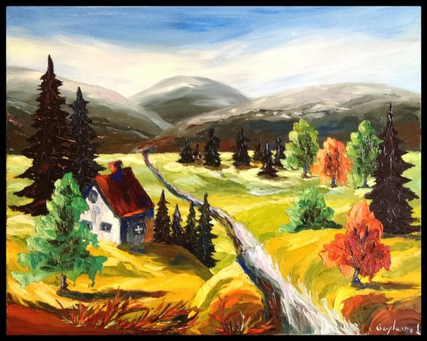 Peinture à l'huile et spatule petite maison de campagne montagne arbres champs, colline paysage automne