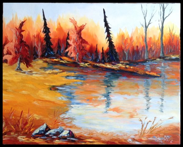 Peinture à l'huile et spatule paysage d'un étang d'eau avec arbres et en automne.
