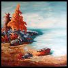 Peinture huile et spatule eau plage arbres roches chaloupe