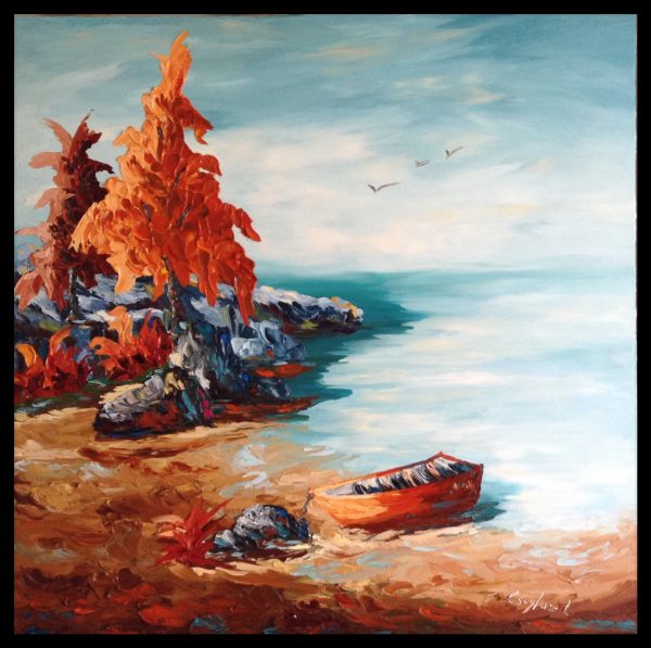 Peinture huile et spatule eau plage arbres roches chaloupe