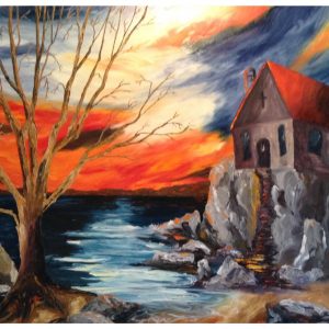 Peinture à l'huile spatule chapelle rocher eau arbres paysage orageux