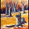 Peinture huile et spatule sous-bois arbres sans feuilles souches et paysage d'automne