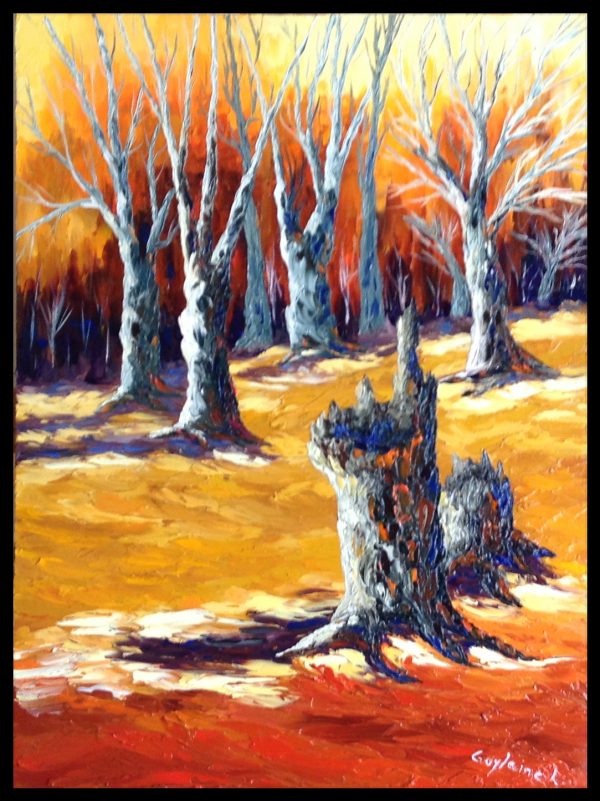 Peinture huile et spatule sous-bois arbres sans feuilles souches et paysage d'automne