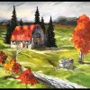 Peinture huile et spatule grange champs montagnes arbres charrue paysage d'automne