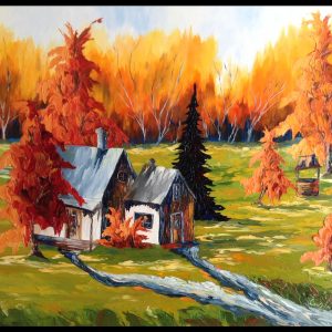 Peinture à l'huile et spatule Maison centenaire en campagne et paysage automne.