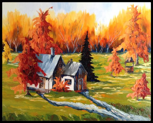 Peinture à l'huile et spatule Maison centenaire en campagne et paysage automne.