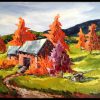 Peinture à l'huile et spatule grange campagne champs paysage d'automne arbres charrue.