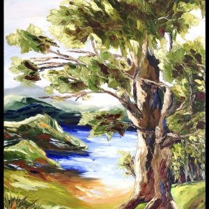 Peinture huile spatule montagne arbre eau plage