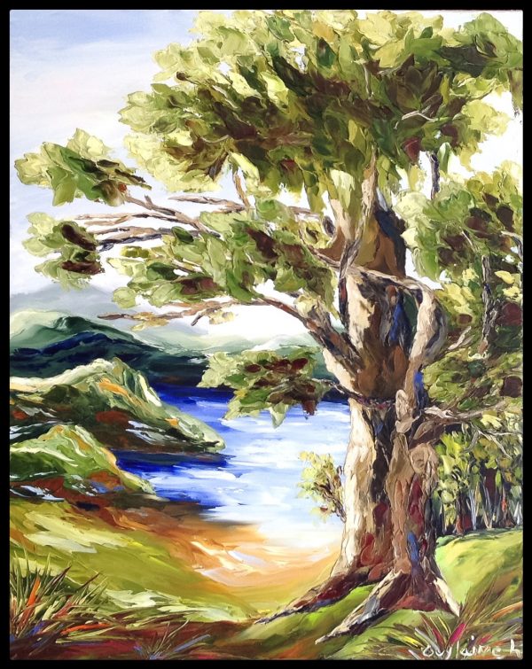 Peinture huile spatule montagne arbre eau plage