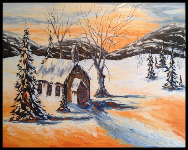 Peinture à l'huile vieille école scène d'hiver au crépuscule.