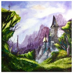 Peinture huile technique mixte paysage féérique château montagnes arbres