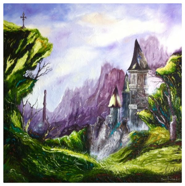 Peinture huile technique mixte paysage féérique château montagnes arbres