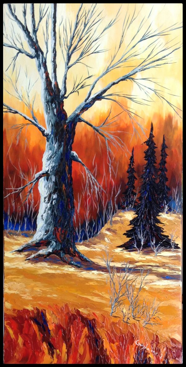 Peinture huile spatule arbres sans feuilles bois et sous-bois sapins paysage d'automne