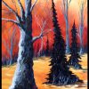 Peinture huile et spatule bois arbres sans feuilles sapin paysage d'automne