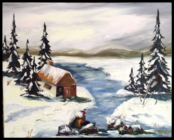 Peinture à l'huile chalet sur bord rivière en hiver et en campagne.