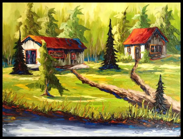 Peinture huile spatule chalets rivière arbres bord de l'eau