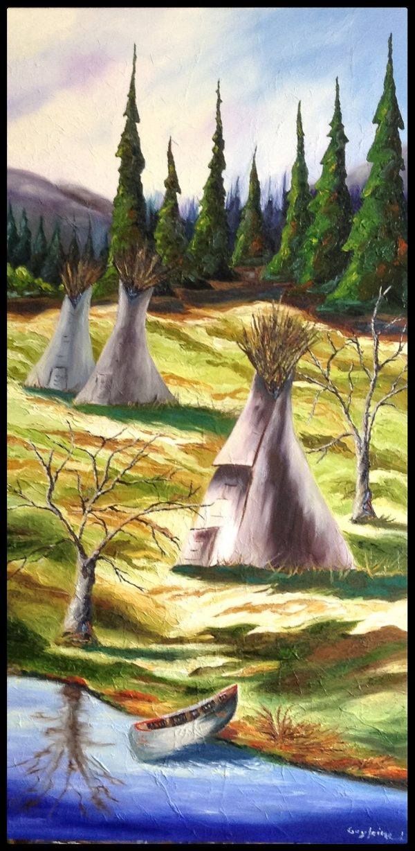 Peinture huile et spatule montagnes arbres Tipis eau chaloupe