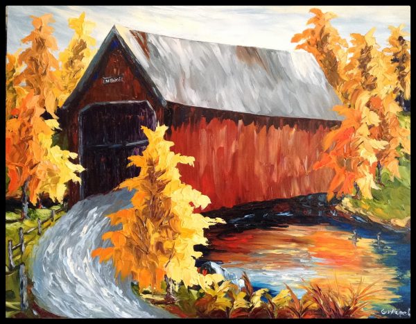 Peinture à l'huile et spatule pont couvert sur rivière arbres chemins paysage d'automne