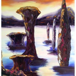 Peinture huile et spatule grandes monolithes eau plage rocher lever du jour
