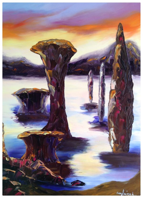 Peinture huile et spatule grandes monolithes eau plage rocher lever du jour