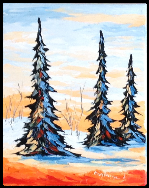 Peinture à l'huile 3 sapins dans un champ au crépuscule et scène d'hiver.