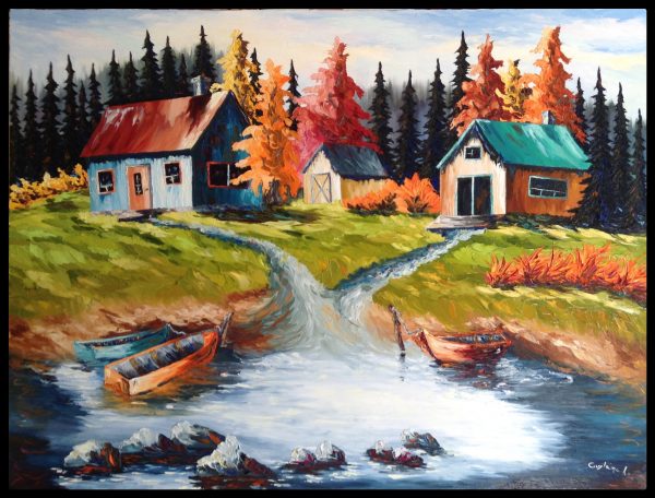 Peinture à l'huile et spatule pourvoirie camp de pêche chaloupes bord de l'eau avec arbres et paysage d'automne.