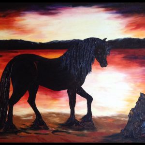 Peinture huile et spatule cheval noir eau plage rochers coucher du soleil