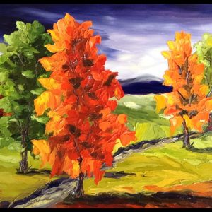 Peinture à l'huile et spatule petite maison champs arbres chemin roches montagnes paysage d'automne