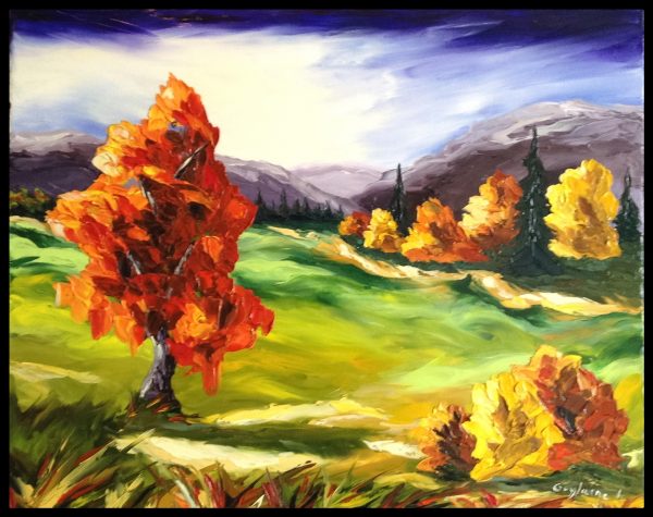 Peinture à l'huile spatule paysage d'automne champ montagne arbres.