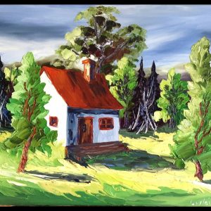 Peinture huile et spatule maison arbres montagnes nature