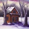 Peinture à l'huile chalet paysage hiver