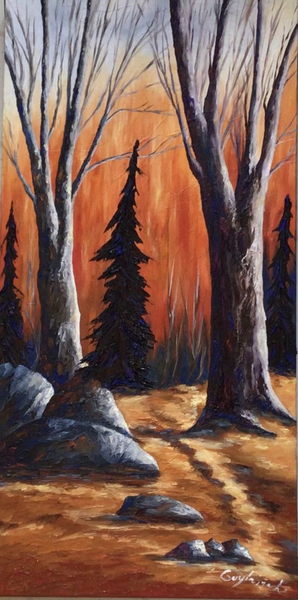 Peinture à l'huile arbre bois sapin paysage automne