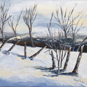 Peinture à l'huile champ paysage hiver arbres poteaux