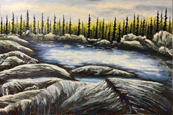 Peinture à l'huile paysage marin rocher et arbre Côte nord du Québec