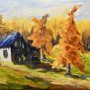 Peinture à l'huile vieille maison avec paysage d'automne