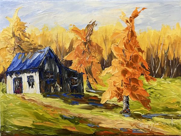 Peinture à l'huile vieille maison avec paysage d'automne