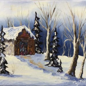 Peinture à l'huile petit camp paysage hiver champ et arbres